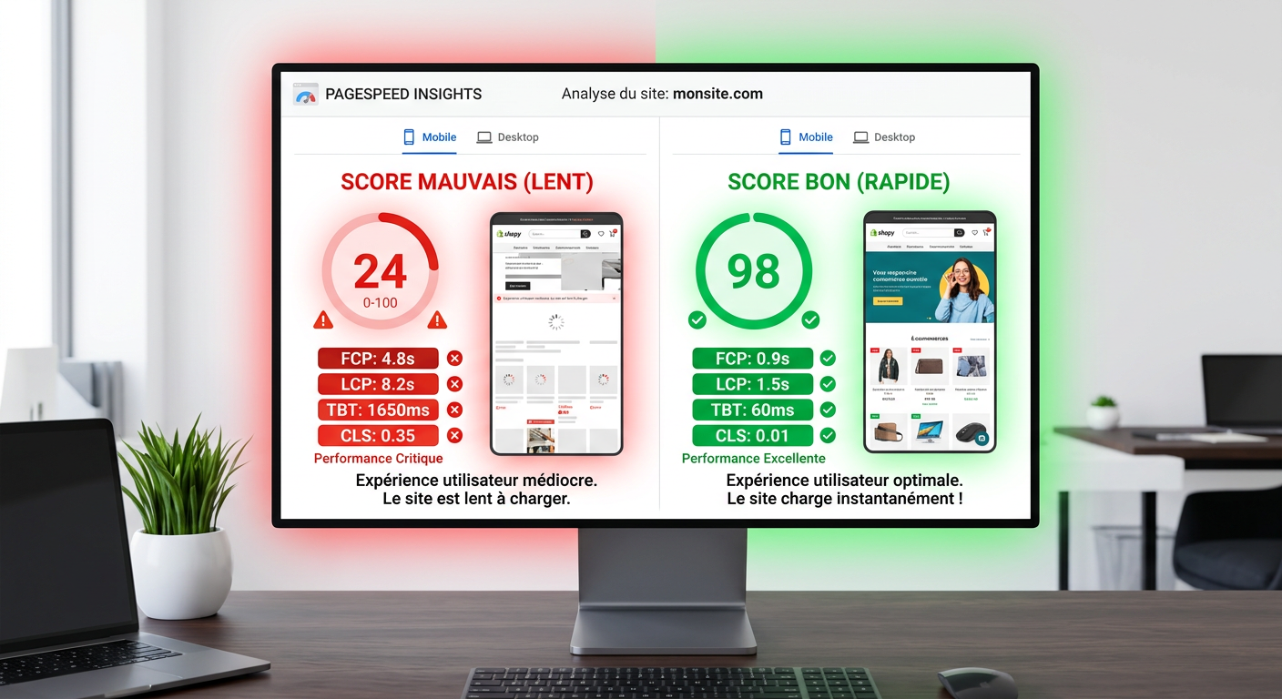 Score PageSpeed Insights mauvais en rouge vs bon score en vert